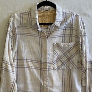 Free People Cropped Gray Yellow White Plaid Button Up Long Sleeve Top Sz M